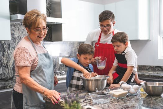 Grandmother and grandsons cooking together in the kitchen, creating fond memories and delicious treats.